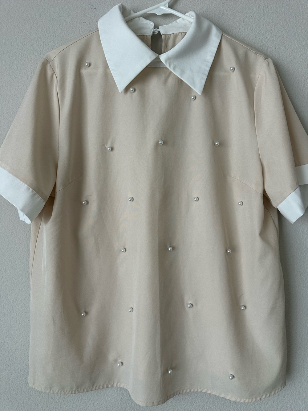 SHEIN Beige Short-Sleeve Polo with White Collar and Pearl Details